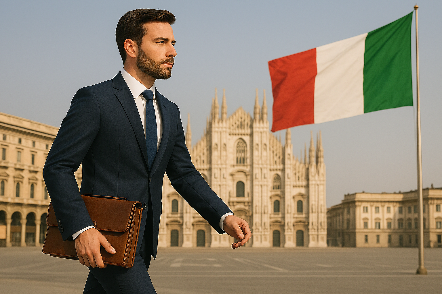 تصویر مردی در حال رفتن به سر کار با یک کیف و کت شلوار زیر پرچم کشور ایتالیا/ مشاغل مورد نیاز در ایتالیا - مهاجرت به ایتالیا