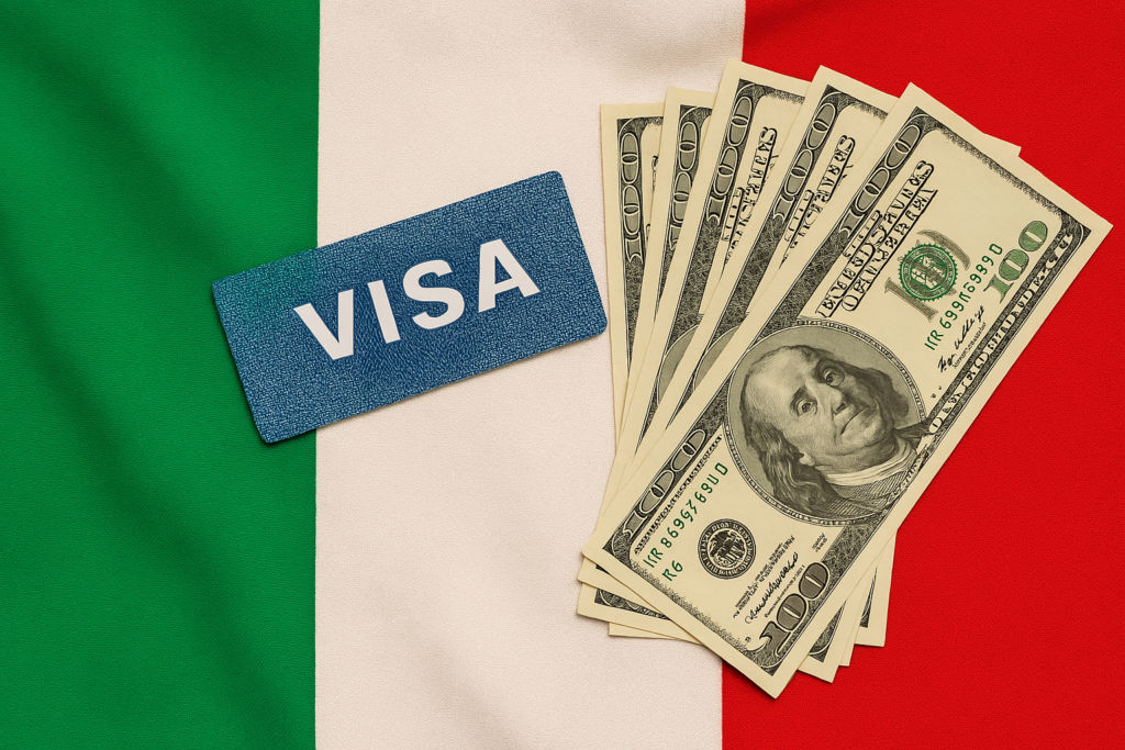 تصویر یک ویزا و مقداری پول روی پرچم ایتالیا/ ویزای سرمایه‌گذاری ایتالیا - مهاجرت به ایتالیا